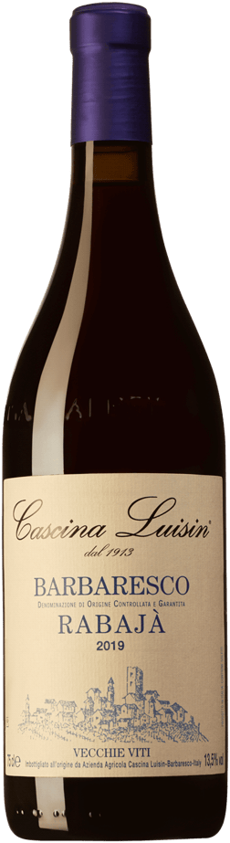 En glasflaska med Cascina Luisin Barbaresco Rabajà 2019, ett rött vin från Piemonte i Italien