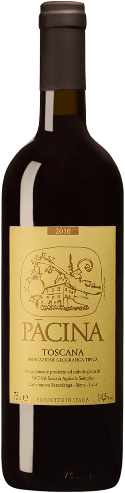 En lättare glasflaska med Pācina Rosso 2016, ett rött vin från Toscana i Italien
