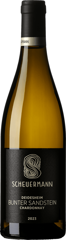 En glasflaska med Scheuermann Bunter Sandstein Chardonnay 2023, ett vitt vin från Pfalz i Tyskland