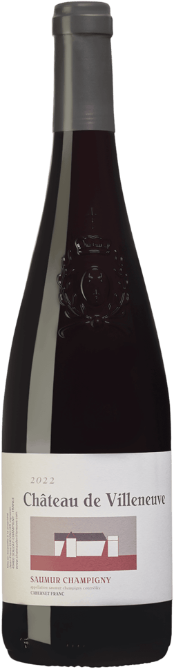 En glasflaska med Château de Villeneuve Saumur-Champigny 2022, ett rött vin från Loiredalen i Frankrike