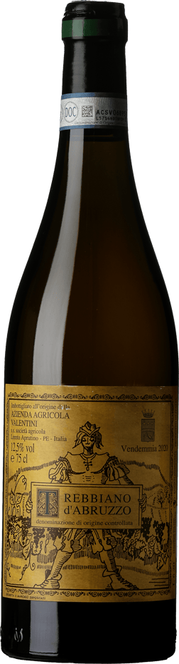 En glasflaska med Valentini Trebbiano d'Abruzzo 2020, ett vitt vin från Abruzzerna i Italien