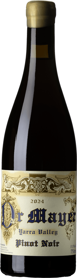 En glasflaska med Timo Mayer Doctor Pinot Noir 2024, ett rött vin från Victoria i Australien