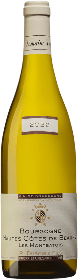 En glasflaska med R. Dubois & Fils Hautes-Côtes de Beaune Les Montbatois 2022, ett vitt vin från Bourgogne i Frankrike