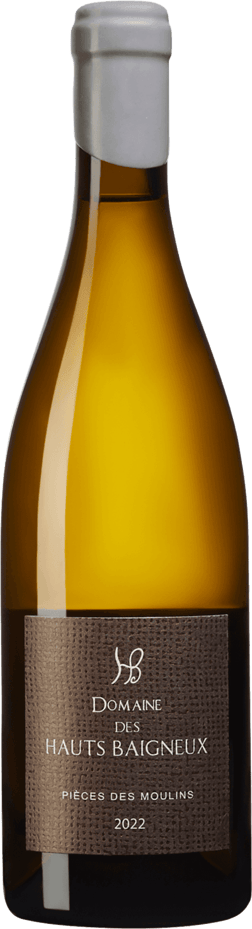 En glasflaska med Domaine Haut Baigneux Pieces de Moulins 2022, ett vitt vin från Loiredalen i Frankrike