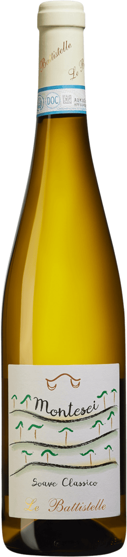 En glasflaska med Le Battistelle Soave Classico Montesei 2023, ett vitt vin från Venetien i Italien