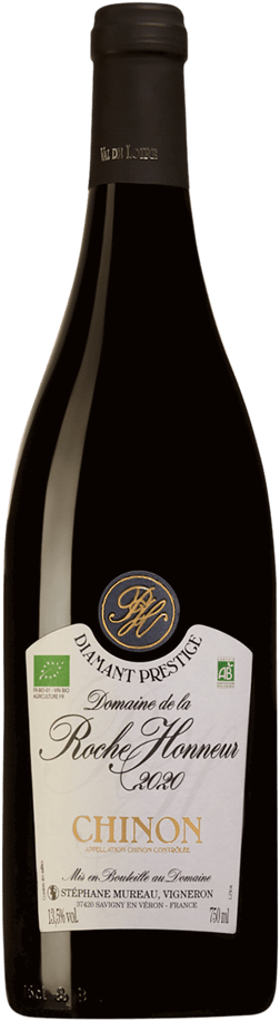 En glasflaska med Domaine de la Roche Honneur Diamant Prestige 2020, ett rött vin från Loiredalen i Frankrike