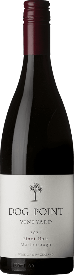 En glasflaska med Dog Point Vineyards Pinot Noir 2021, ett rött vin från Marlborough i Nya Zeeland