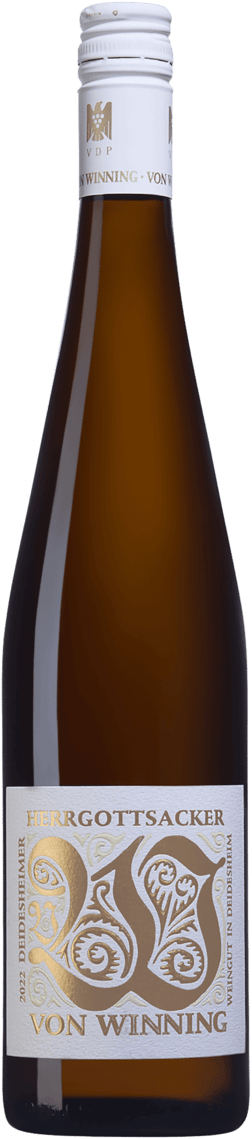 En glasflaska med Von Winning Deidesheimer Herrgottsacker Riesling Erste Lage 2022, ett vitt vin från Tyskland