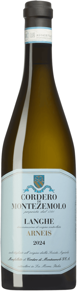 En glasflaska med Cordero di Montezemolo Langhe Arneis 2024, ett vitt vin från Piemonte i Italien