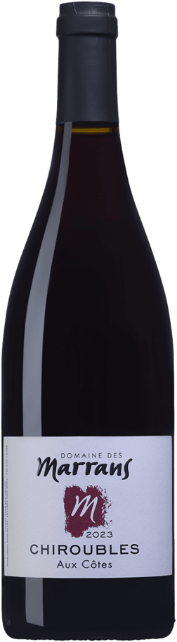 En glasflaska med Domaine des Marrans Chiroubles Aux Côtes 2023, ett rött vin från Bourgogne i Frankrike