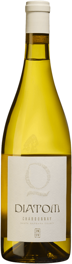 En glasflaska med Diatom Chardonnay 2023, ett vitt vin från Kalifornien i USA