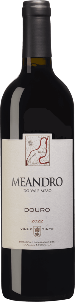 En glasflaska med Quinta do Vale Meao Meandro 2022, ett rött vin från Douro i Portugal