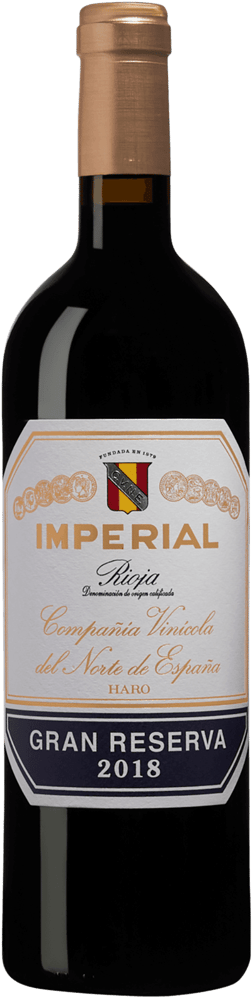 En glasflaska med Imperial Gran Reserva 2018, ett rött vin från Rioja i Spanien