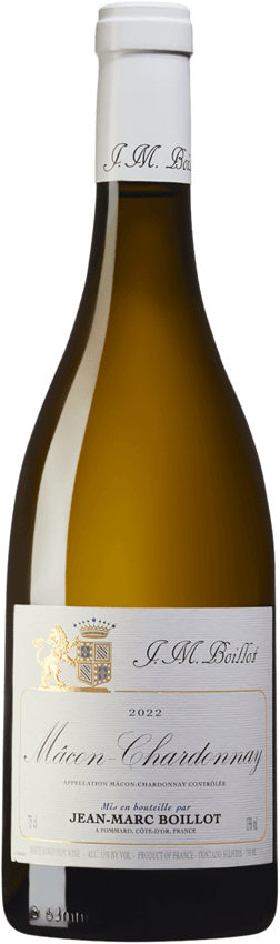 En glasflaska med Jean-Marc Boillot Mâcon Chardonnay 2022, ett vitt vin från Bourgogne i Frankrike