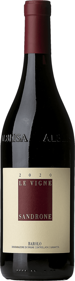 En glasflaska med Sandrone Barolo Le Vigne 2020, ett rött vin från Piemonte i Italien