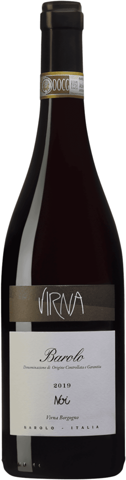 En glasflaska med Virna di Borgogno Barolo Noi 2019, ett rött vin från Piemonte i Italien