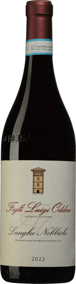 En glasflaska med Figli Luigi Oddero Langhe Nebbiolo 2022, ett rött vin från Piemonte i Italien