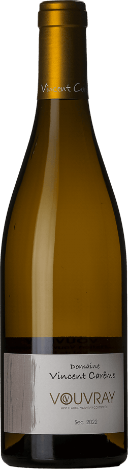 En glasflaska med Domaine Vincent Careme Vouvray Sec 2022, ett vitt vin från Loiredalen i Frankrike
