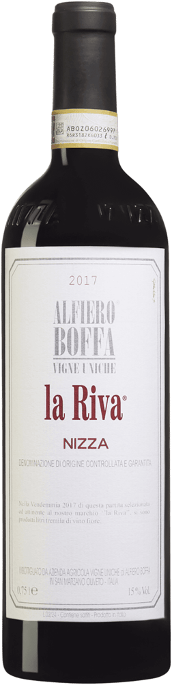 En glasflaska med Alfiero Boffa Barbera d'Asti Nizza La Riva 2017, ett rött vin från Piemonte i Italien