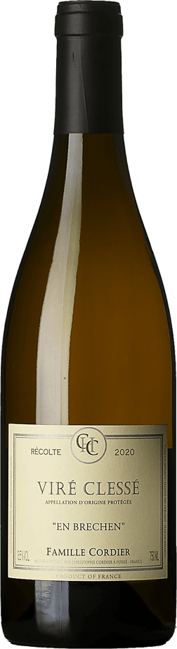 En glasflaska med Domaine Cordier Viré Clessé En Brechen 2020, ett vitt vin från Bourgogne i Frankrike