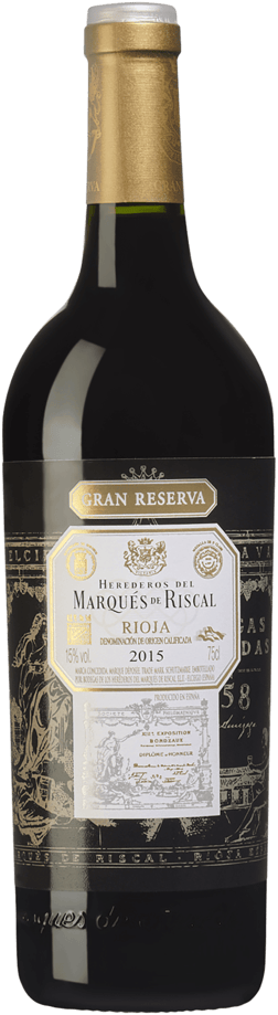 En glasflaska med Marques de Riscal Gran Reserva 2015, ett rött vin från Rioja i Spanien