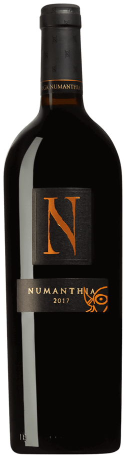 En glasflaska med Bodega Numanthia 2016, ett rött vin från Kastilien-León i Spanien