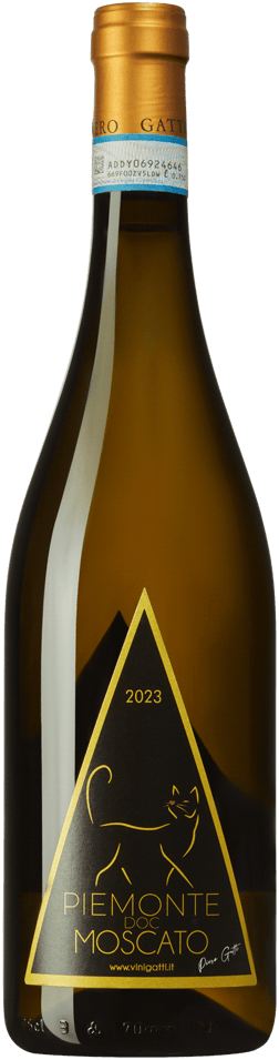En glasflaska med Piero Gatti Moscato 2023, ett vitt vin från Piemonte i Italien