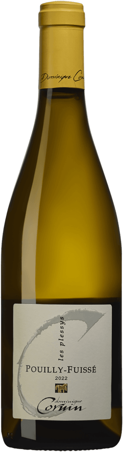 En glasflaska med Dominique Cornin Pouilly-Fuissé Les Plessys 2022, ett vitt vin från Bourgogne i Frankrike