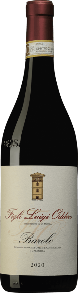 En glasflaska med Figli Luigi Oddero Barolo 2020, ett rött vin från Piemonte i Italien