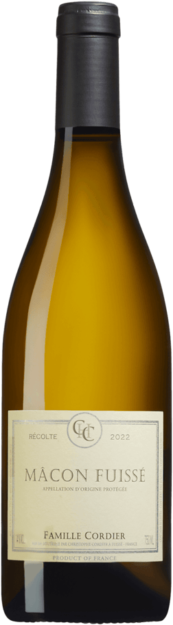 En glasflaska med Domaine Cordier Mâcon Fuissé 2022, ett vitt vin från Bourgogne i Frankrike