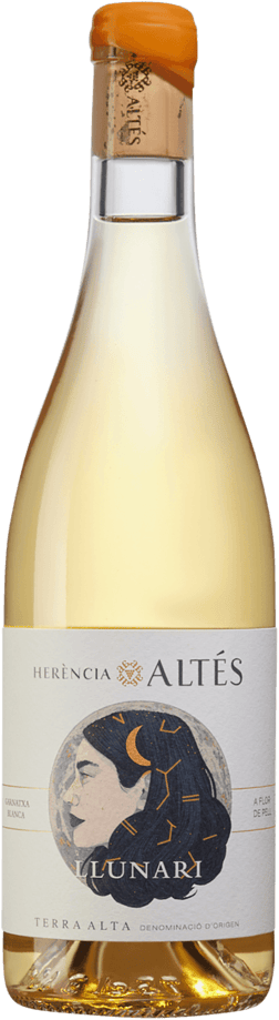 En glasflaska med De Haan Altés Llunari Orange Organic 2022, ett vitt vin från Katalonien i Spanien