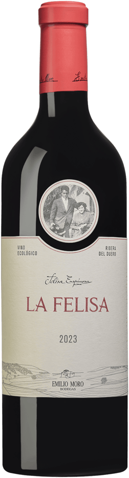 En glasflaska med Emilio Moro La Felisa 2023, ett rött vin från Kastilien-León i Spanien