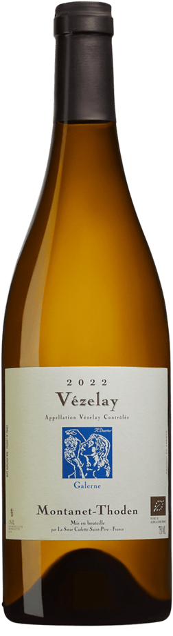 En glasflaska med Montanet-Thoden La Sœur Cadette Vézelay Galerne 2022, ett vitt vin från Bourgogne i Frankrike