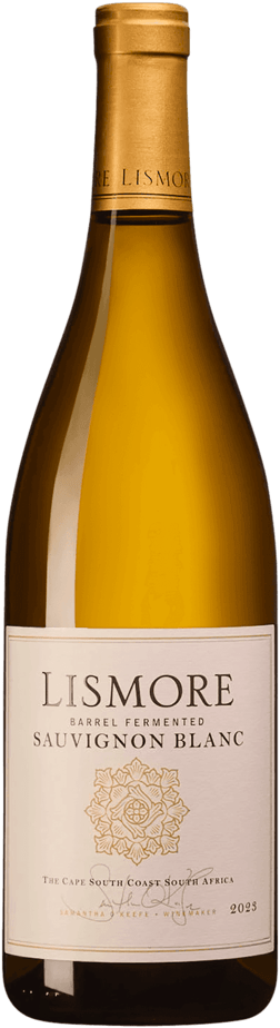 En glasflaska med Lismore Barrel Fermented Sauvignon Blanc 2023, ett vitt vin från Western Cape i Sydafrika