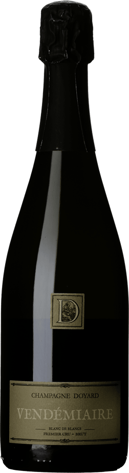 En lättare glasflaska med Domaine Doyard Cuvée Vendémiaire 1:er cru brut blanc de blancs, ett champagne från Champagne i Frankrike