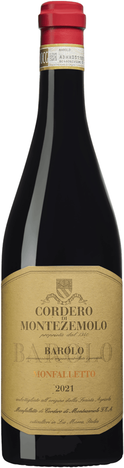 En glasflaska med Cordero di Montezemolo Barolo Monfalletto 2021, ett rött vin från Piemonte i Italien