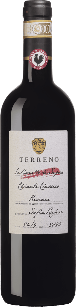 En glasflaska med Terreno Chianti Classico Riserva Le Bonille di Sopra 2020, ett rött vin från Toscana i Italien