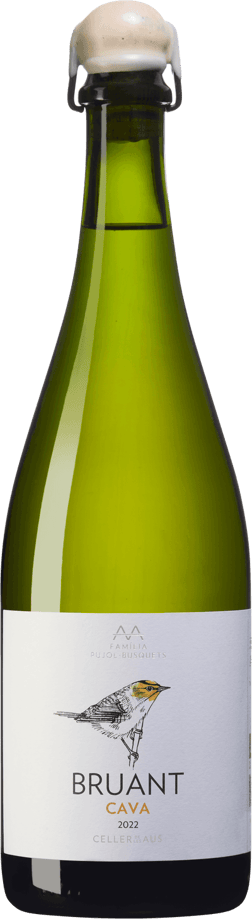 En glasflaska med Alta Alella AUS AA Bruant Brut Nature 2022, en mousserande från Cava i Spanien
