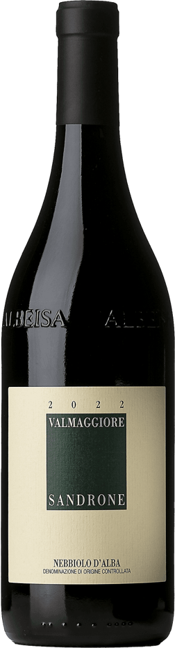 En glasflaska med Sandrone Valmaggiore Nebbiolo d'Alba 2022, ett rött vin från Piemonte i Italien