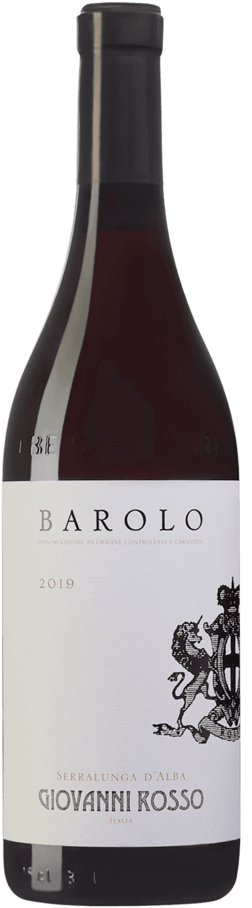 En glasflaska med Giovanni Rosso Barolo 2019, ett rött vin från Piemonte i Italien