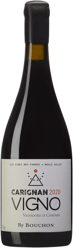 En lättare glasflaska med Vigno Viña by Bouchon Carignan 2020, ett rött vin från Valle Central i Chile