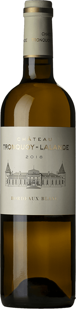 En glasflaska med Château Tronquoy Lalande Blanc 2018, ett vitt vin från Bordeaux i Frankrike