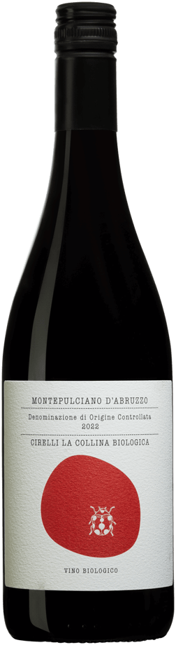 En glasflaska med Cirelli La Collina Biologica Montepulciano d'Abruzzo 2023, ett rött vin från Abruzzerna i Italien