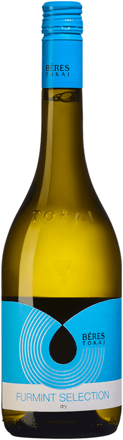 En glasflaska med Béres Furmint Selection 2022, ett vitt vin från Tokaj i Ungern