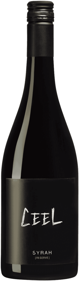 En glasflaska med Weingut Ceel Syrah Reserve 2021, ett rött vin från Burgenland i Österrike