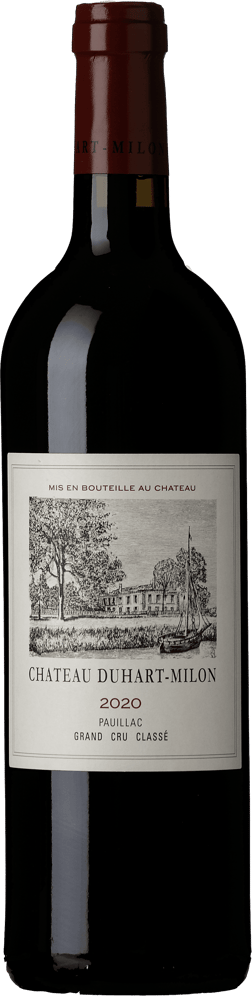 En glasflaska med Duhart Milon 2020, ett rött vin från Bordeaux i Frankrike