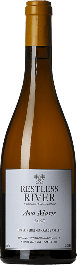 En glasflaska med Ava Marie Restless River Vineyards 2021, ett vitt vin från Western Cape i Sydafrika