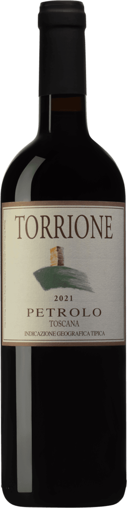 En glasflaska med Tenuta di Petrolo Torrione 2021, ett rött vin från Toscana i Italien