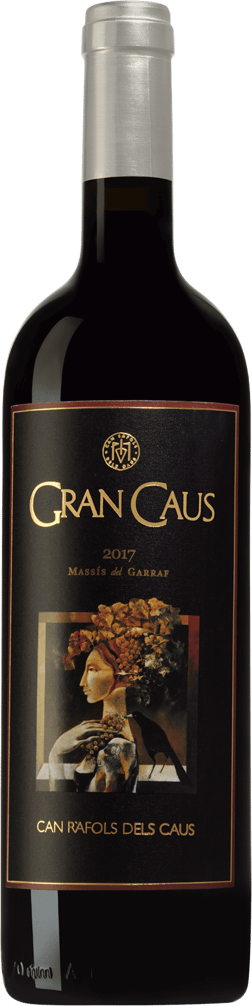 En glasflaska med Can Rafols Gran Caus Negre 2017, ett rött vin från Katalonien i Spanien