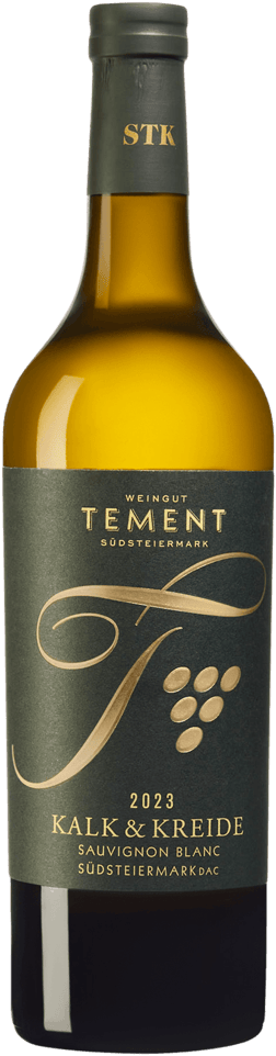 En glasflaska med Weingut Tement Kalk & Kreide Eko Sauvignon Blanc 2022, ett vitt vin från Steiermark i Österrike